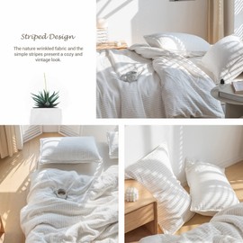 Simple&Opulence 100% Pure Linen Duvet Cover Set, 3Pcs Striped Washed Natural Flax Bedding Set with Button Closure, Soft Breathable Durable Farmhouse-1 Duvet Cover&2 Pillowshams (Queen, Grey Stripe)