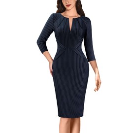 VFSHOW Womens 2025 Elegant Work Business Office Sheath Pencil Dresses Front Zipper Pleated Crew Neck Fitted Bodycon Dress (Blue and White Stripe, Medium) 12029 BLU M