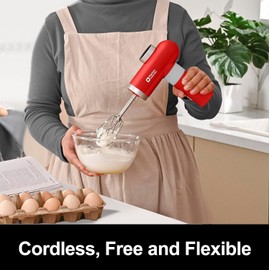 Kitchen in the box Cordless Rechargeable Hand Mixer for Kitchen, Portable Handheld Electric Mixer with Beaters, Whisks, 6-Speed Digital Display, Charging Base and USB-C Charge Cable (Cherry Red)