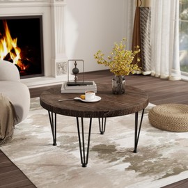 Fun Memories Round Coffee Table - Elm Wood Nesting Table with Metal Legs & Non Slip Feet Base - Rustic Nesting End Tables for Living Room Bedroom - 27.5" D x 27.5" W x 16" H - Walnut Color