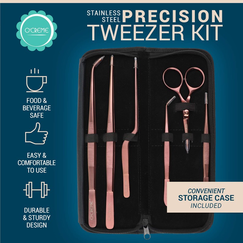O'Creme Set of Culinary Tweezer Tongs Offset, Straight and Curved,