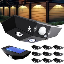 12 Pack Solar Fence Lights, Motion Sensor Outdoor Light with 3 Sided Lighting, 60 Lumens Fence Light Solar Powered, Solar Lights Outdoor Waterproof with 3000K/7000K Mode for Patio, Backyard, Fence