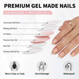 SHANGMENG White French Tip Press on Nails with Gold Line Design - Soft Gel Almond Nails Short for Women, Glossy Glue on Nails with Glue in 16 Sizes - 32 Reusable Fake Nails, Gold Ribbon