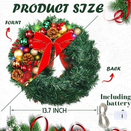 Cindeer 2 Pcs Lighted Christmas Wreath, 14 Inch Xmas Wreath with Pine Cones Red Bow Berries Colored Balls, Light up Christmas Wreath for Front Door Xmas Home Winter Holidays Decoration