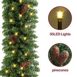 ENVEN 9FT Christmas Garland Pre-lit 50LED Lights Holiday Artificial Decor for Stairs Mantle Door Indoor Outdoor Garland with Battery Operated Timer