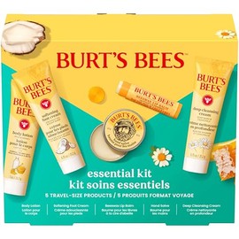 Burt's Bees Ideas de regalos para el día de la madre: set esencial para el día a día, 5 productos de tamaño de viaje, crema de limpieza profunda, bálsamo de manos, loción corporal, crema para pies y bálsamo labial original