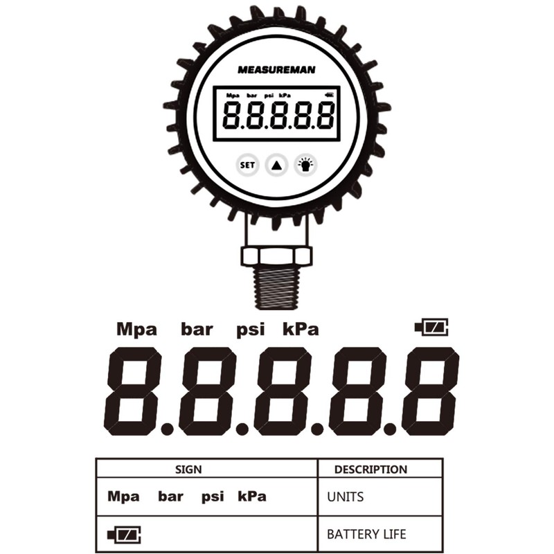 MEASUREMAN 3-1/8" Dial Size, Digital Pressure Gauge, 0-100psi/bar/Mpa/Kpa, 1/4"NPT Lower