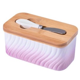 Lumicook Large Butter Dish with Lid, Ceramic Butter Container for Kitchen Countertop, Airtight Bamboo Cover with High Quality Silicone Seal, Holds 2 Stick of Butter Unique Swirl Pattern (Purple)