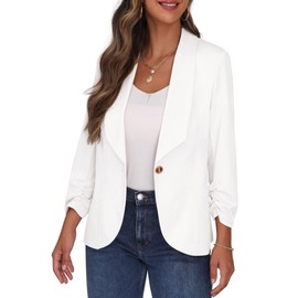 PrinStory Blazer for Women 3/4 Ruffled Sleeve Blazer Business Office Blazer Suit Sporty Jack Trench Coat, White