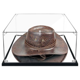 Clear Cowboy Hat Display Case Box Acrylic Panama & Tweed Hat Holder Stand with Mirror & Carbon Fiber Skin Base, Assemble Acrylic Box Shoes Sneakers UV Protection Memorabilia Collectibles Showcase