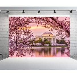 CHNYWORK 7ftx5ft USA Jefferson Memorial Background Washington, D.C. Spring Cherry Blossom Season Scenery Backdrop for America Landmark Travel Party Decor Photo Booth Studios Props Wallpaper