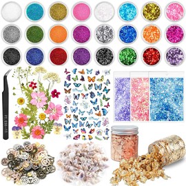 KKSJK Epoxy Resin Accessory Set with Glitter, Sequins, Dry Flowers, Gold Foil, Shells, Gears, Tweezers, for Resin Crafts and Nail Art Decoration