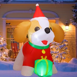COMIN 5 FT Christmas Inflatables Dog Outdoor Decorations Blow Up Yard Present Box with Built-in LEDs for Indoor Party Garden Lawn Decor