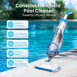 Consciot Handheld Pool Vacuum with Telescopic Pole, 18.5 GPM Suction, Up to 1-Hour Runtime – Cordless Cleaner for Pools, Spas & Hot Tubs, Includes 2-Pack Filter Bags