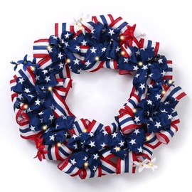 DecorbyHannah Patriotic Memorial Day Wreath for Front Door, 24" Large 4th of July Wreaths with Lights, Collasible Red White Blue Burlap Bow Wreath Decorations with Forsythia for National Holiday