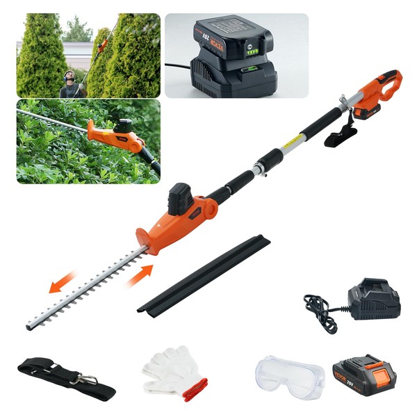 VEVOR Pole Cordless Hedge Trimmer, 20V Electric Bush Trimmer Kit with 18 inch Double-Edged Steel Blade, 74"-94" Telescoping Design for High Branches(2.0Ah Battery & Fast Charger Included)