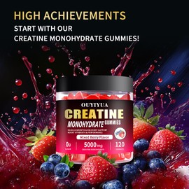 OUYIYUA Creatine Monohydrate Gummies 5000mg for Men & Women - Sugar Free Pre-Workout Supplement, Chewables for Muscle Strength, Muscle Builder, Energy Boost, Mixed Berry Flavor, 120 Count