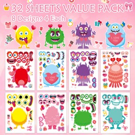 Aowplc Aowplc 32 Sheets Valentine's Monster Make-A-Face Stickers | Valentine's Day Gifts for Kids DIY Crafts & Classroom Party Supplies | Fun Valentine Exchange, Activities, and Goodie Bag Stuffers