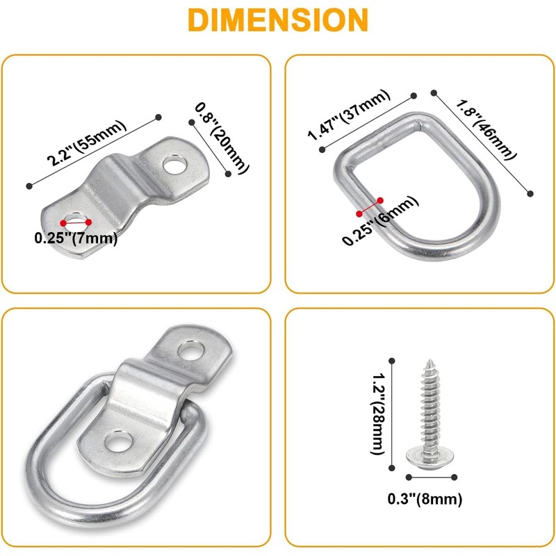D Rings Tie Down Anchors, Heavy Duty 1/4” Trailer Tie