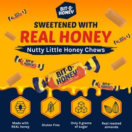 Bit O Honey Candy - Individually Wrapped Honey Taffy with Roasted Almond Bits, Gluten-Free, Classic Bite-Sized Treats, Sweet and Chewy Taffy Candy Bulk Bag - 5 LBS