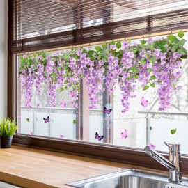 Purple Flower Window Clings Hanging Vine Flower Window Stickers 2 Sheets Double-Sided Garden Spring Summer Window Stickers Floral Leaves Vine Grass Decals Home Decor (11.8 * 35.4inch)