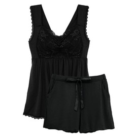 Two-Hatch 8812 Set Night Bra (24 Hours Bust Care), Can Be Nursed, Wireless, Room Wear, Loungewear, Camisole with Cup and Shorts, Black