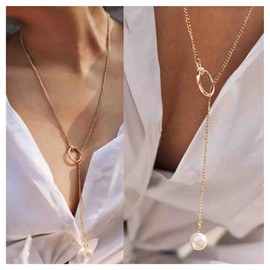 Cimenexe Bohemian Pearl Drop Y Necklace Karma Circle Y Lariat Necklace Gold Pearl Circle Y Necklace Choker Long Hollow Circle Drop Necklace Jewellery for Women and Girls Gifts