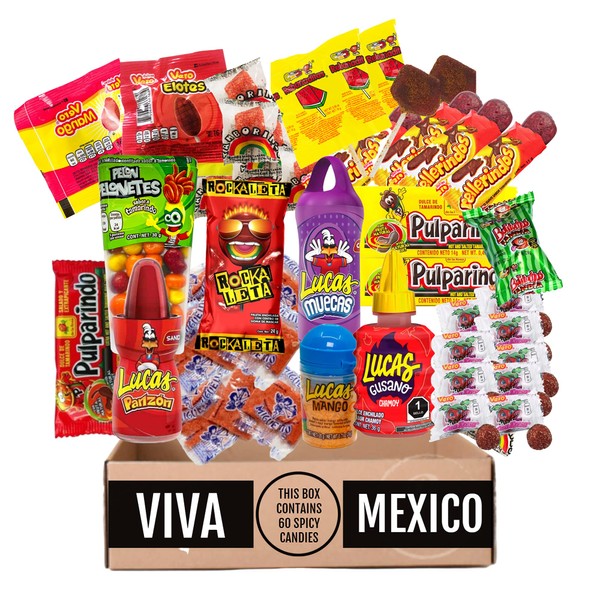 Mexican Candy Box - SPICY Selection - 60 Count Spicy Dulces Mexicanos Best Sellers SPICY Chamoy, Includes Lucas, Vero, Pulparindo, Picafresa, Rellerindo & more