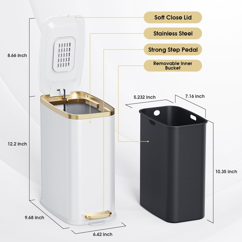 CEROELDA Small Bathroom Trash Can with Lid Soft Close-5L/1.3 Gal