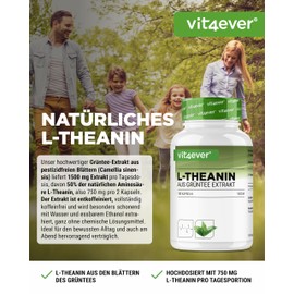 L-Theanin - 180 Kapseln - 750 mg pro Tagesportion - aus natürlichem Grüntee Extrakt - hochdosiert - ohne Zusätze - vegan