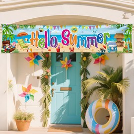 AIBIIN Hello Summer Fence Banner Hawaiian Beach Yard Sign Decorations Tropical Beach Hawaiian Summer Decorations Hanging Outdoor Gate Decor Fence Banner Indoor Wall Decor 98x20inch