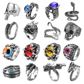 Jstyle 16 Pieces Vintage Punk Rings for Men Women Gothic Rings Silver Black Dragon Snake Claw Skull Octopus Eyes of Hell Open Adjustable Rings Set
