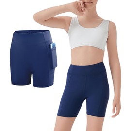 MEJING 5" Girls Volleyball Shorts with Pockets, Kids Biker Athletic Spandex Running Cheer Dance Yoga Gymnastics Shorts, Dark Blue, Large