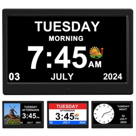 FEYBYLA Alarm Clock with Day and Date for Elderly Digital Calendar Clock Photo Frame- Auto Dimmable Display 15 Alarm Options, Clock with Non-Abbreviated Day & Month (10.1 inch Black)