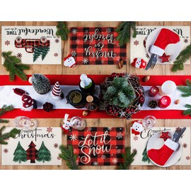 Merry and Bright Buffalo - Juego de 4 manteles individuales de Navidad a cuadros para mesa de comedor, 12 x 18 pulgadas, feliz Navidad, temporada de invierno, acuarela, camión, árbol de Navidad, día