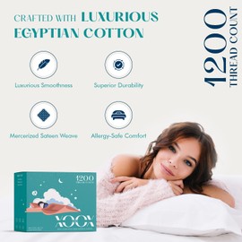 XOOX Linen 100% Egyptian Cotton Sheets Queen Size - 1200 Thread Count 4 PC Queen Sheet Set Egyptian Cotton, Sateen Weave Luxury Sheets Queen, High Thread Count Sheets, 19" Deep Pocket - Dark Grey