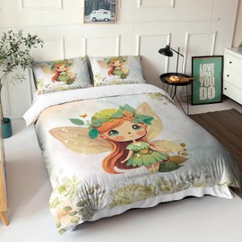 AILONEN Fairy Duvet Cover Set Twin Size, Butterfly Fairy Bedding Set for Kids Girls,Watercolor Nature Plant Flowers Comforter Cover,Kawaii Fairy Duvet Cover,3 PCS,1 Quilt Cover and 2 Pillowcases