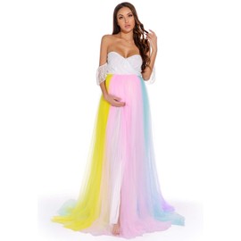ZIUMUDY Rainbow Maternity Tulle Gown for Photo Shoot Photography - Tutu Baby Shower Dress - Wedding Bridesmaid Attire (Rainbow, Small)