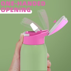 koodee Kids 16oz Free-sip Insulated Stainless Steel Water Bottles with Soft Straw,Quick Flip GO Bounce Cup Thermo-flask,Pop & Fill Double-Wall Vacuum Bottle, for School, Sports,Travel(Pink Avocado)