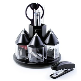 Exerz Black Desk Organiser, Rotating Pen Tidy with 5 Accessory Boxes, Stationery Kit Including: Scissors, Ruler, Eraser, Clips
