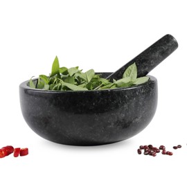 Koville African Natural Granite Mortar and Pestle Set, Grinder Bowl for Guacamole, Salsa, Pill Crusher, Spice, Herb, Garlic, Nut, Heavy Duty Grinder for Kitchen (Glossy Finish)