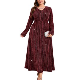 ZOMVA Plus Size Sparkly Formal Dress A-Line V-Neck Long Sleeve Glitter Maxi Gown Wedding Guest Cocktail Evening Party, Red, 0X