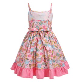 Little Kids Back to School Dress for Girls kindergarten Adjustable Spaghetti Straps Pencil Stationery Book Schoolbag Ruffle Casual Dresses with Pockets First Day of School Outfits Dark Pink 5-6 Years