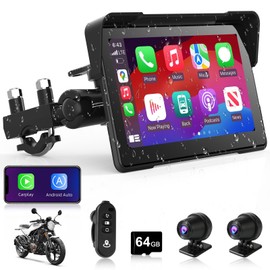 7 inch Motorcycle CarPlay Motorcycle w Dual 2K Dash Cam Wireless Carplay Android Auto Screen for Moto with GPS Navigation for Motorbike Voice Control Light Sensor Bluetooth TF-64G Waterproof
