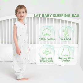 LAT Toddler Sleep Sack with Fee 0.5 Tog,Unisex Cotton Baby Sleeping Bag with Legs,All Season Sleeveless Sleep Sack with Pockets For Girls & Boys，100% Cotton,2-Way Zipper(Yellow Dinosaur,2-4Years)
