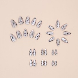 Flower Press on Nails Short Almond Fake Nails Cute Medium Length Round Acrylic Glue on Nails White Cat Eye False Nails Summer Floral Designs Stick on Nails for Women DIY Manicure Decorations 24Pcs