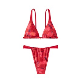 MakeMeChic Women's Floral Print 2 Piece Bikini Sets Tie Back Triangle Thong Bathing Suit Swimsuit Red Multi Medium