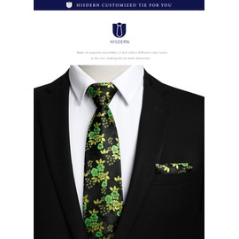 HISDERN Business Necktie, Men's Chief Set, Paisley Pattern/Animal Pattern, Job Hunting, School Entrance Ceremony, After-party, Father's Day Gift, 19 green and black (floral pattern)