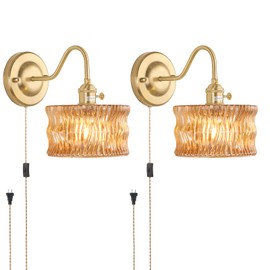 Shenmoyl Plug in Wall Sconce Set of 2, Gold Vintage Wall Lights with Amber Ripple Glass Shade, Indoor Brass Corded Wall Lamp Fixture for Bedroom Living Room Bathroom Hallway