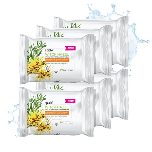 Epielle New Witch Hazel 30ct Makeup Cleansing Wipes Deep Cleans Pores & Refresh Skin with Calming Formula (6 packs)